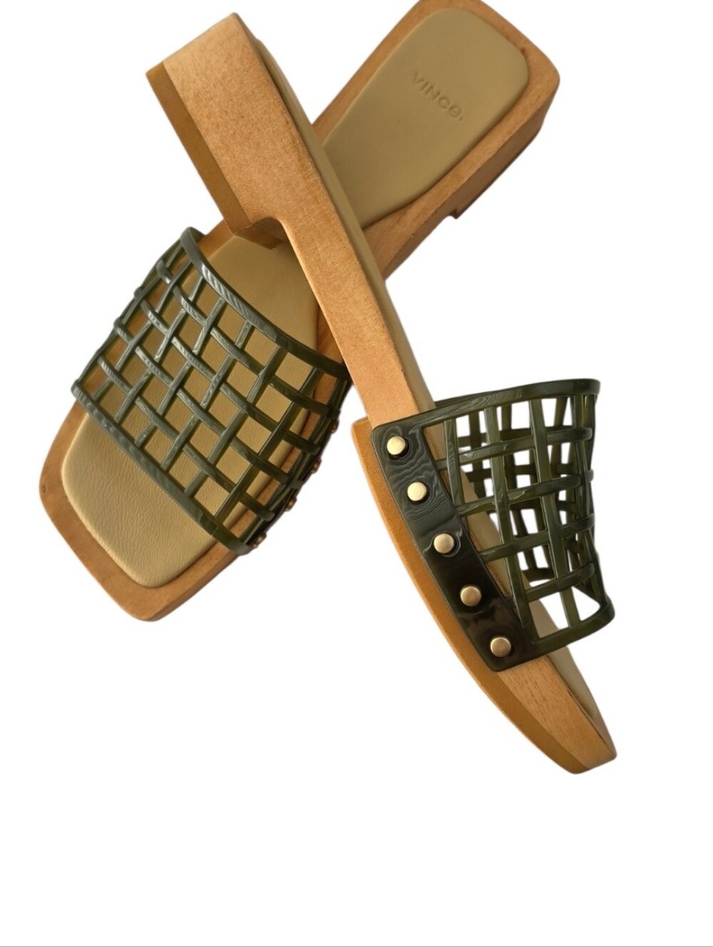 VINCE Chive Wood Slide Sandals Olive Cage Leather Size 9 M - Picture 4 of 9